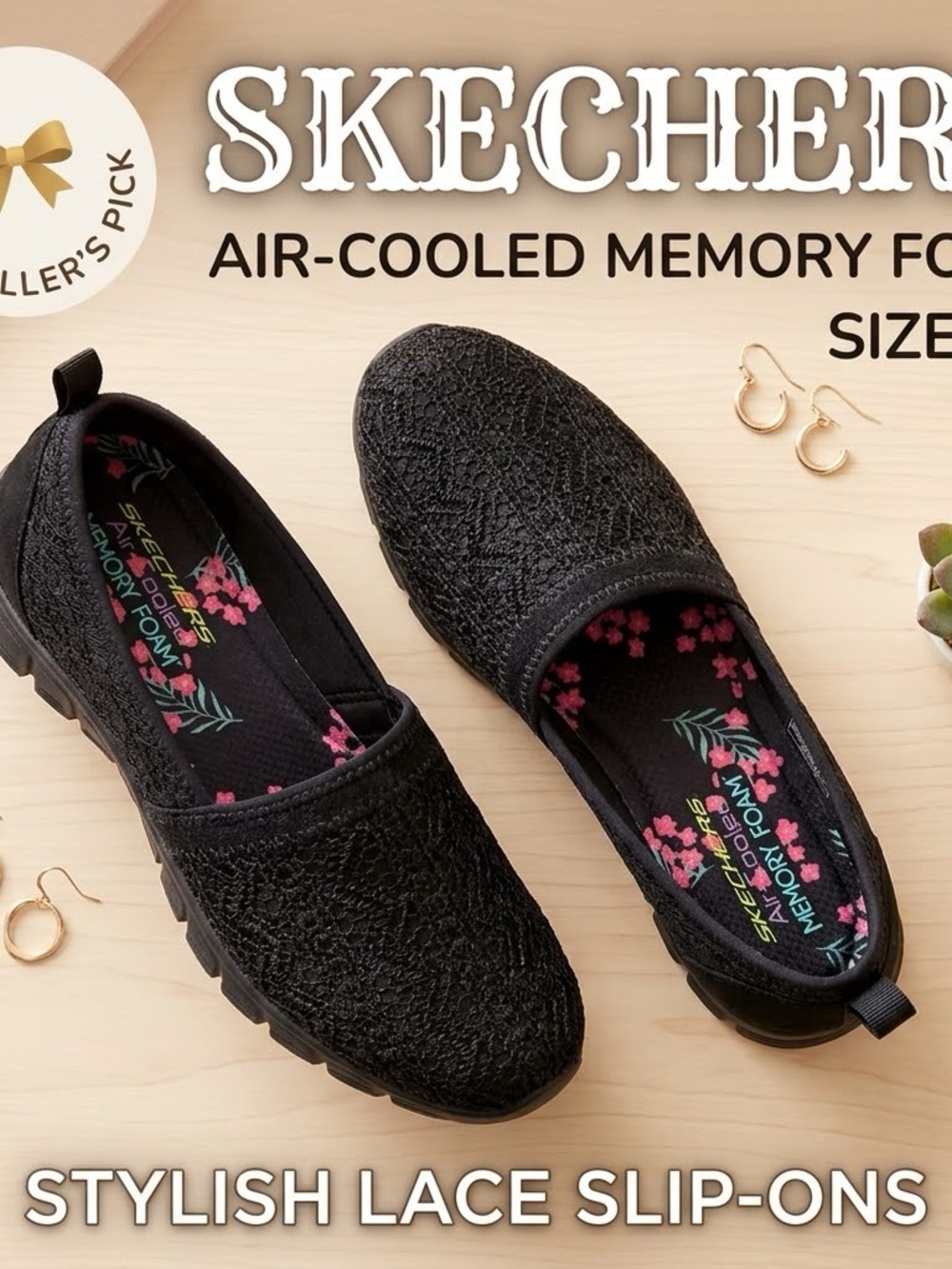 Skechers Air-Cooled Memory Foam Black Lace Slip On Flats 23422 BBK Womens 9.5 - Picture 9 of 9
